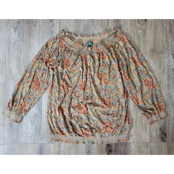 LRL Lauren Jeans Co. Woman L Tan Floral Top Off the Shoulder Elastic Peasant LS - Picture 1 of 10